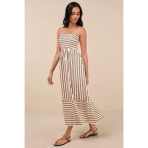 NWT Lulus Brown And Cream Striped Cutout Midi Dress